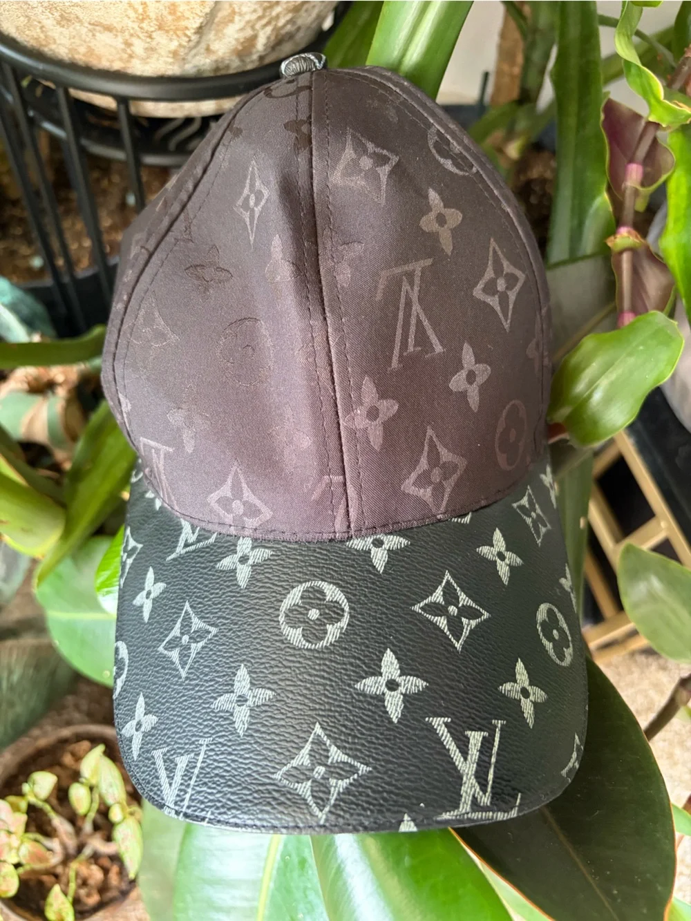 Faux Louis Vuitton Monogram Baseball Cap in Black and White